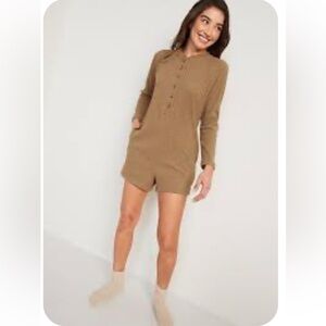 Tan Taupe Long Sleeve Romper Old Navy S Ribbed Lounge Button Down Up Cozy Shorts